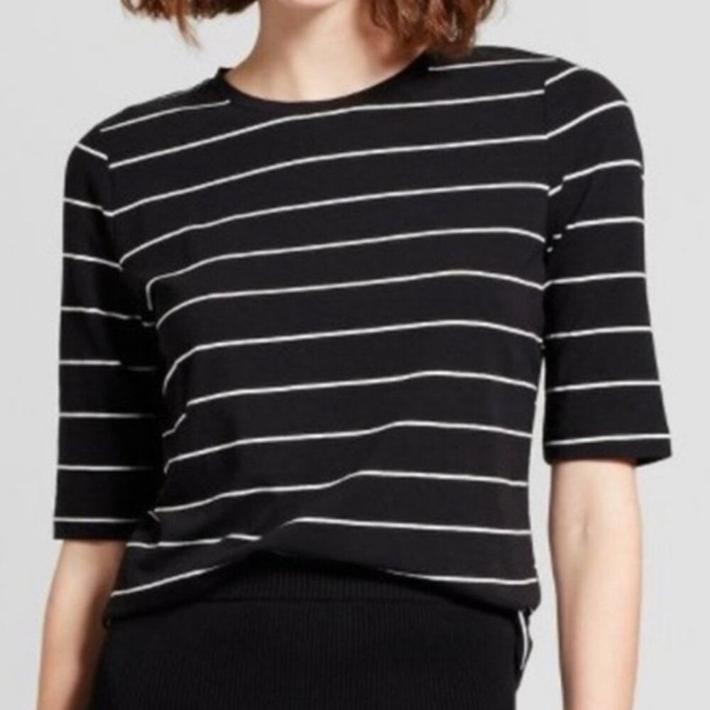 WHO WHAT WEAR • Black + White Striped 3/4 Sleeve Top